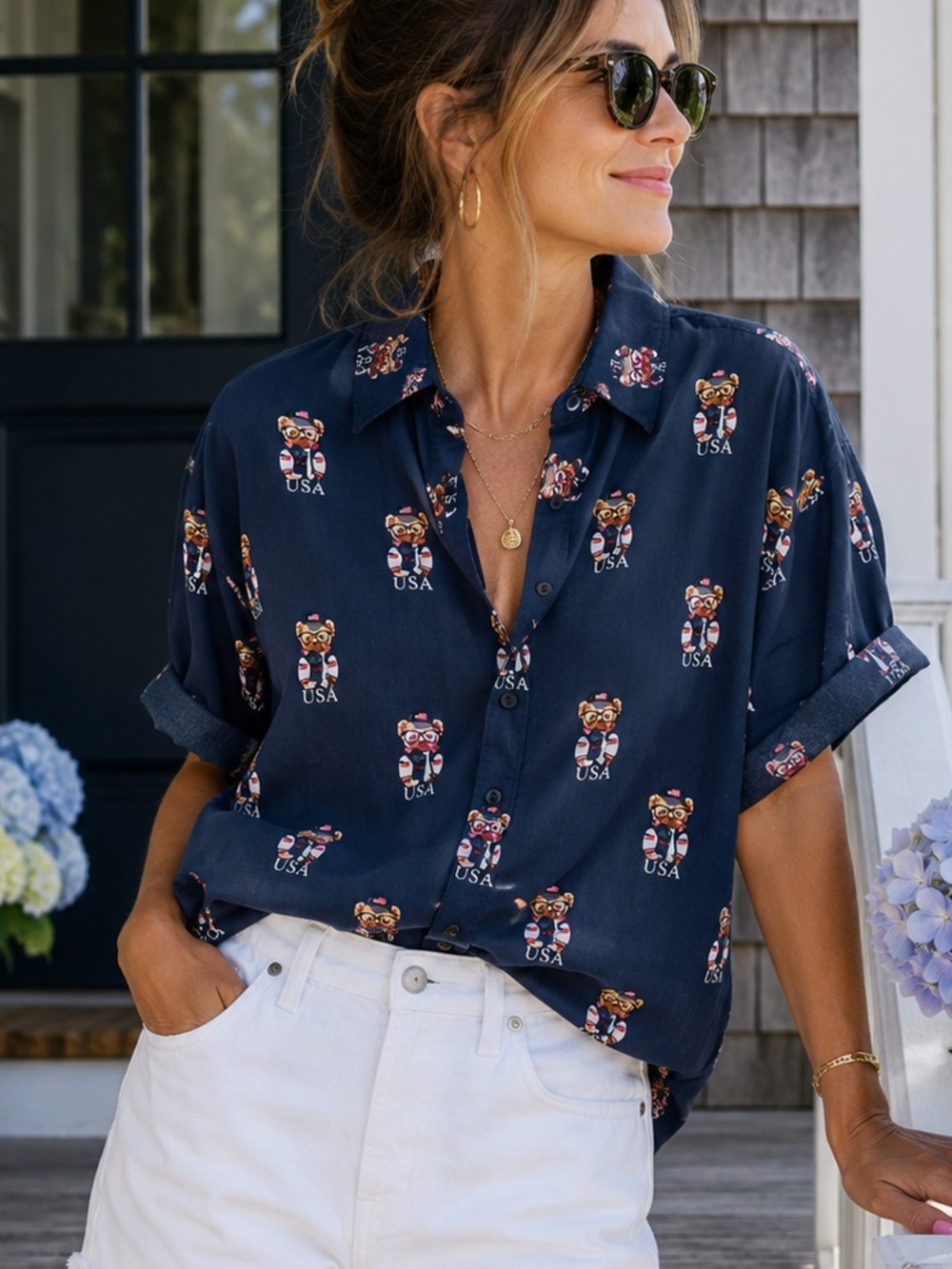 Oversized Teddy Bear USA Button Down Shirt XL Coastal Americana Summer July 4th